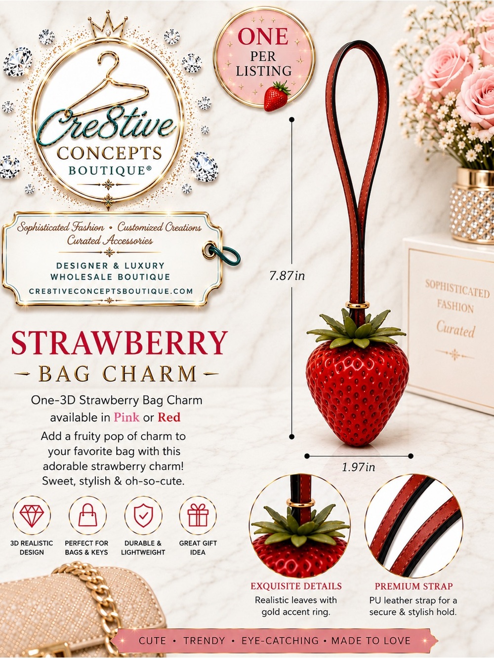 3D Strawberry Bag Charm One Luxury Purse Charm Keychain Accessories NWT
